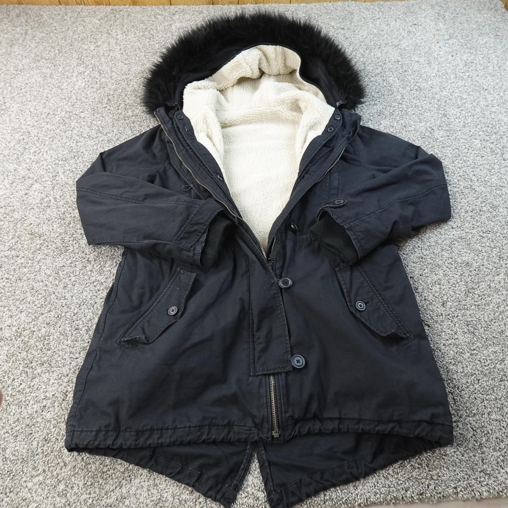 Gap‎ Coat Womens L Black Lined Military Fishtail Parka Faux Fur Hood Jacket Warm